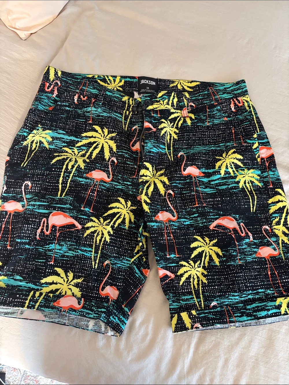 JACKSON Flamingo & Palm Print  Shorts - Black/Yellow/Coral
